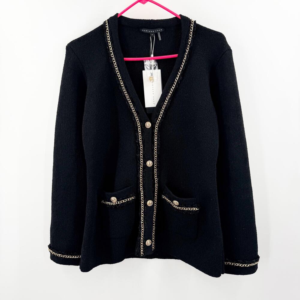 Endless Rose Cardigan Womens Size Small NWT Chain Trim Black Gold Sweater Blazer - Picture 5 of 16